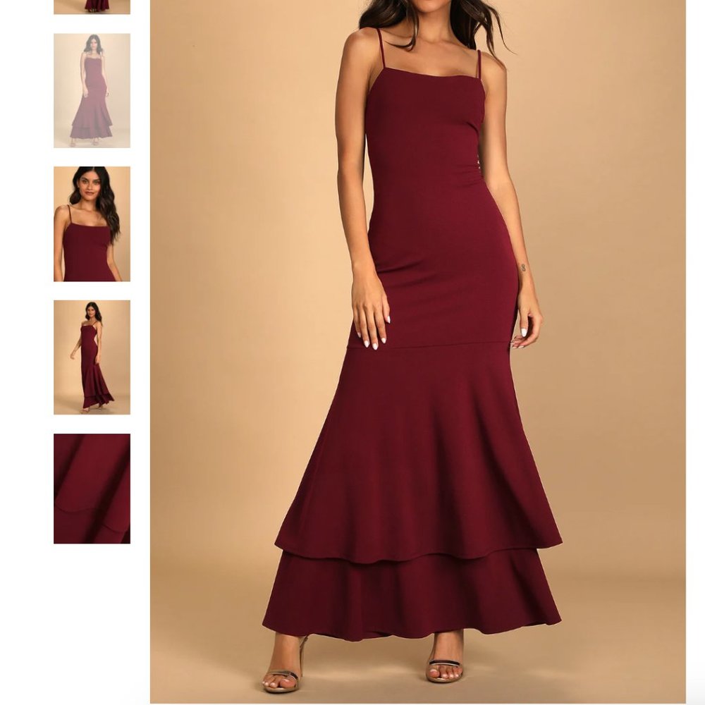 Lulu's Tier and There Burgundy Tiered Trumpet Hem Maxi Dress in Burgundy Wine